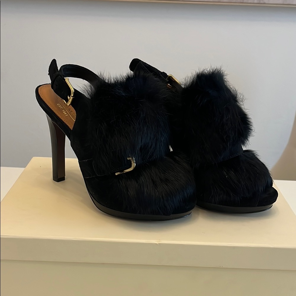 Coach Suede Black Heels w/ Rabbit Fur